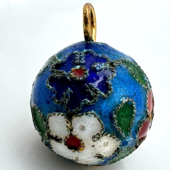 Cloisonne 2 Blue Color Beads 12 MM Red White Green Flowers Beads - Picture 6 of 8